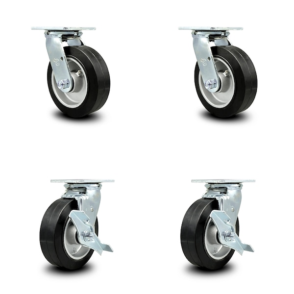 6 Inch Rubber on Aluminum Caster Set with Ball Bearings 2 Swivel Lock 2 Brake